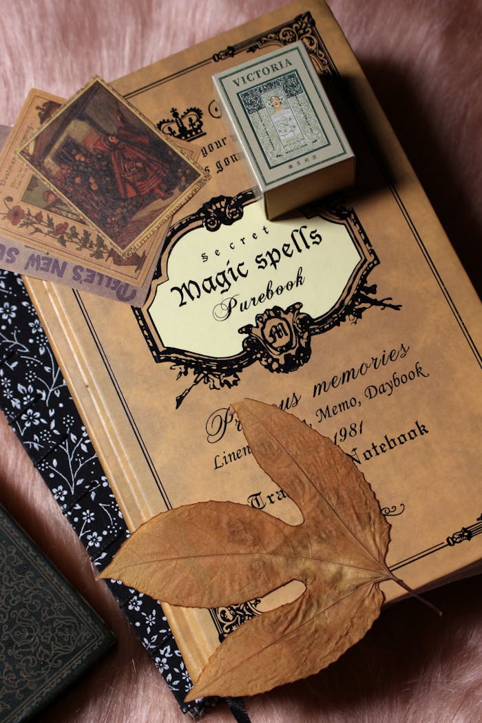 Flat lay of vintage magical journal with dry leaf and antique ephemera, evoking a nostalgic ambiance.